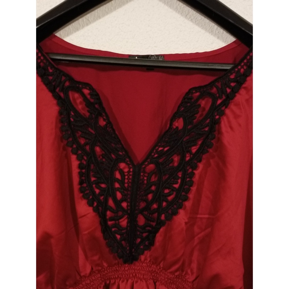 Takara Women's Red Kaftan Top With Black Lace Trim Cinched Elastic Waist Size L - Picture 3 of 7